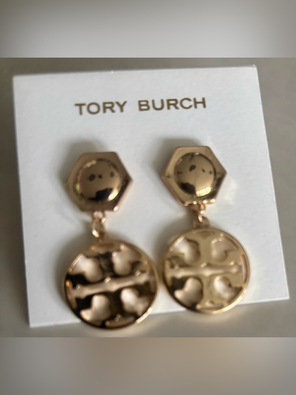 T Burch Gold Double Drop Logo Discs Dangle Earrings